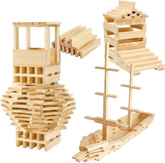 Houten Bouwstenen voor Kinderen - 150 Stuks - Natuurhouten Constructies van Merkloos