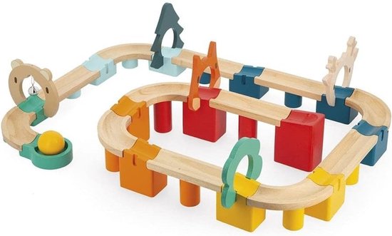 Houten Circuit - Knikkerbaan Spel - Motoriek Ontwikkeling - FSC Gecertificeerd Hout - 44 Delen - Meerkleurig van Merkloos