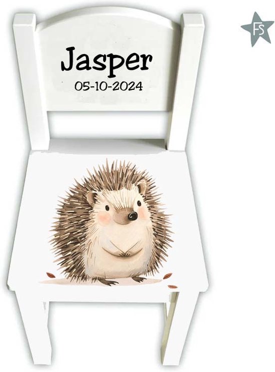 houten geboortestoeltje met naam en egeltje van Houten