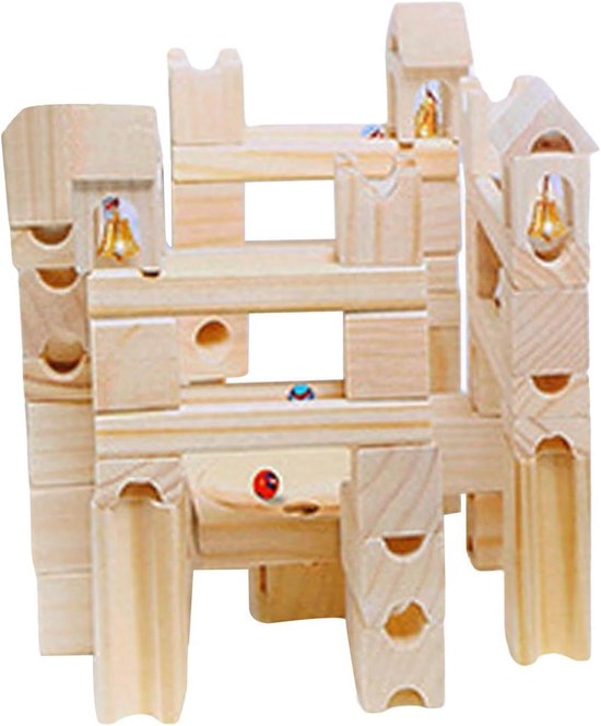Houten Knikkerbaan - Bouwblokken Speelgoed - Educatief Spelen - Gladde Houten Blokken - 37.5 x 10 x 29 cm van Merkloos
