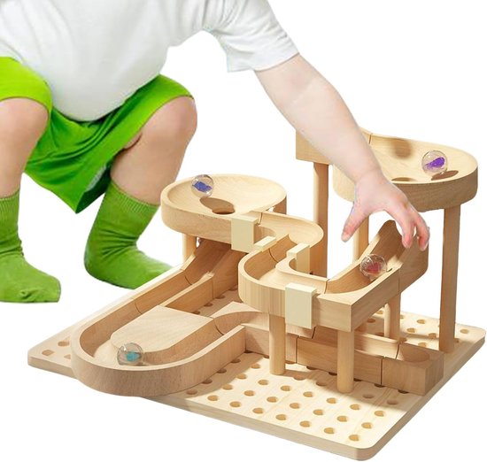 Houten Knikkerbaan - Educatief Spel - STEM Leren - Creatieve Bouwuitdaging - 30 x 30 x 10 cm van Merkloos