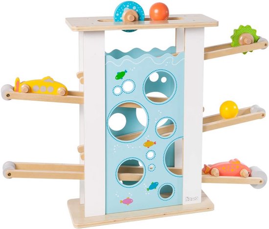 Houten knikkerbaan onderwaterwereld met 6 rollende elementen van Merkloos