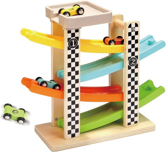 Houten Kogelbaan met 4 Raceauto's Speelgoed voor Peuters van Japace