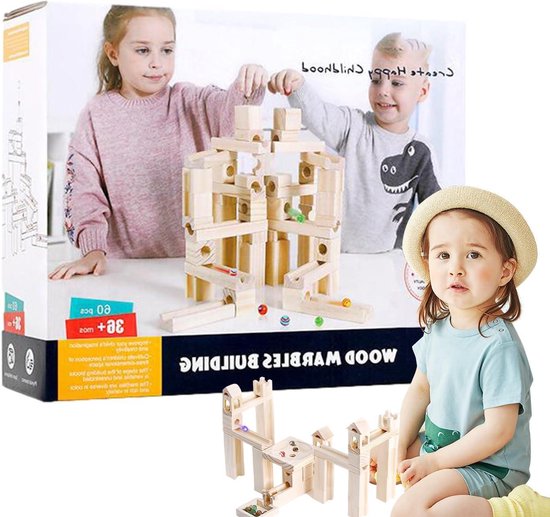 Houten Kogelbaan - STEM Bouwstenen - Logisch Denken Ontwikkelen - Met 60 Ballen - 25.6 x 24.4 x 10.4 cm van Merkloos