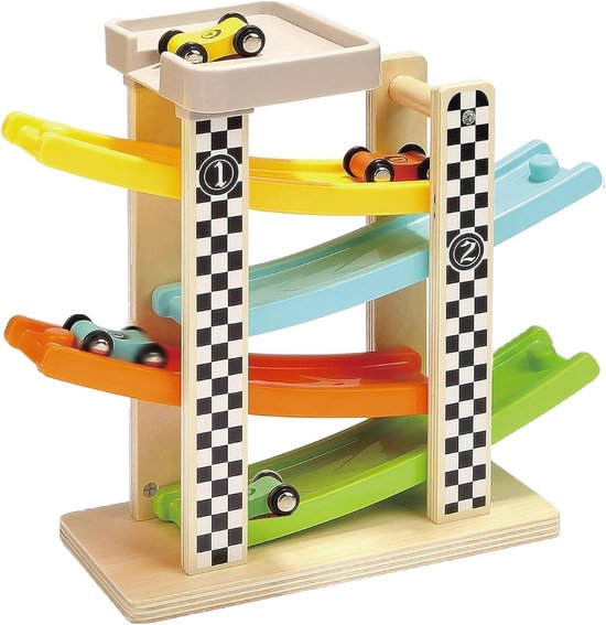 Houten Kogelbaan voor Peuters met 4 Mini-Auto's - Speelgoed voor Kinderen vanaf 1 Jaar van Merkloos