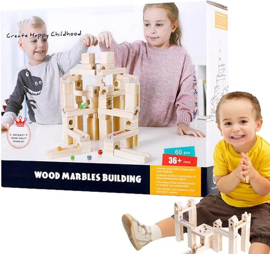 Houten Kogelloopbaan - Puzzelspel Baan - STEM Leren - 60 Stuks Ballen - 25 x 24 x 10 cm van Merkloos