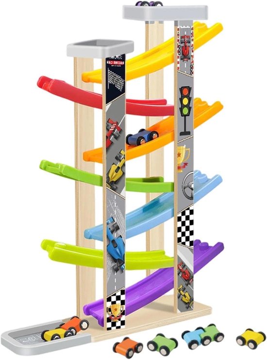 Houten Racebaan - Autobaan Speelgoed - Cognitief Leren - Zeven Niveaus - 44 x 13 x 8 cm - Multicolor van Merkloos