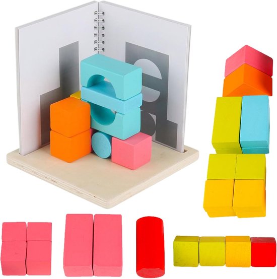 Houten Stapelblokken - Bouwstenen Speelgoed - Educatief Spelen - Geometrische Vormen - 20x17x0.1 cm - Meerkleurig van Merkloos