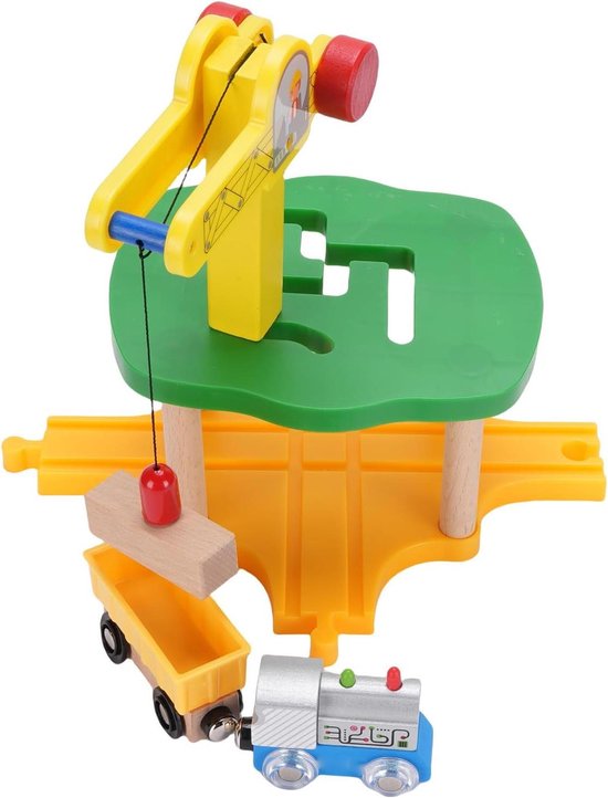 Houten Treinbaan Speelgoedset - Kraantoren Speelgoed - Kinderen Spelen - Stevig Simulatieontwerp - 26 x 18 x 15 cm - Houtkleur van Merkloos