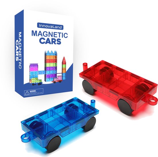 Innovaland - Magnetic Tiles - Uitbreidingsset - 2 Auto’s - Rood & Blauw - Magnetisch Speelgoed - Montessori Speelgoed - Voor Magnetische Tegels - Bouwspeelgoed - Constructie Speelgoed - Toys van Merkloos