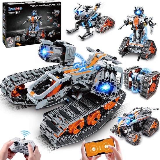 INSOON 5 in 1 RC Auto Robot Bouwsets - 604 Delen - STEM Bouwpakket Met LED licht APP - Tank Sleigh Trackeedkist Kinderend Racer - speelgoed 6+ jaar van Merkloos