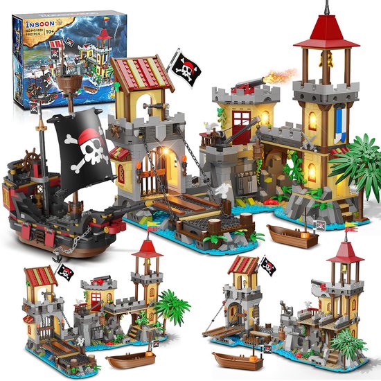 ISNOON Piraten Kasteel Bouw Speelgoed – 1502 Delen - Licht 3 Modi Grote Bouwblokken Met LED Verlichting - Bouwpakket Piratenschip Caribbean voor Volwassenen Kinderen 10 jaar van ISNOON