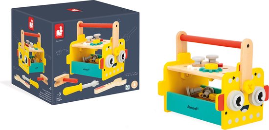 Janod Brico'Kids - Robot Gereedschapskist - 2 in 1: Gereedschapskist En Mini-Werkbank - Inclusief 30 Accessoires Om Non-Stop Te Knutselen! - Geschikt Vanaf 3 Jaar van Janod