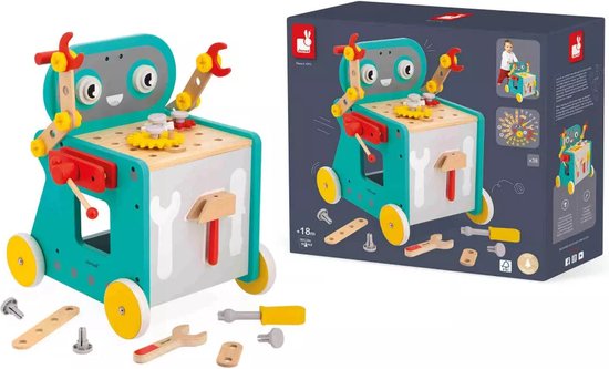 Janod Brico'Kids - Robot Trolley - Speciale Doe-Het-Zelf Activiteitenwagen - Inclusief 38 Accessoires - Magnetisch Met Opbergvak Voor Gereedschap Aan De Voorkant - Geschikt Vanaf 18 Maanden van Janod