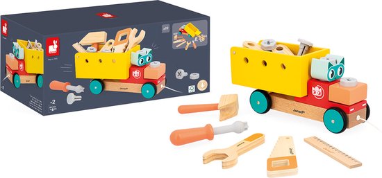 Janod Brico'kids - Trekfiguur Vrachtwagen - 2 in 1: Doe-Het-Zelf En Trekspeelgoed - Maak Een Ritje Met De Truck, Compleet Met Al Het Gereedschap! - Geschikt Vanaf 2 Jaar van Janod