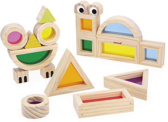Janod Sensorisch - Doorschijnende Blokkenset - Bestaat uit 12 Geometrische Blokken Met Transparante Stukken In Het Midden - Inclusief 6 Modelkaarten Voor Het Maken Van De Leukste Personages En dieren - Educatief Speelgoed - Geschikt Vanaf 1 Jaar van Janod