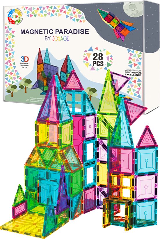 Joyage Magnetic tiles - 28stuks - Constructie speelgoed jongens - Magnetische bouwstenen - Magnetisch speelgoed bouwblokken - Magnetische tegels - Magnetic toys - Montessori Speelgoed Magna tastisch - Jongens Meisjes Speelgoed 3 4 5 6 7 8 9 jaar van Joyage