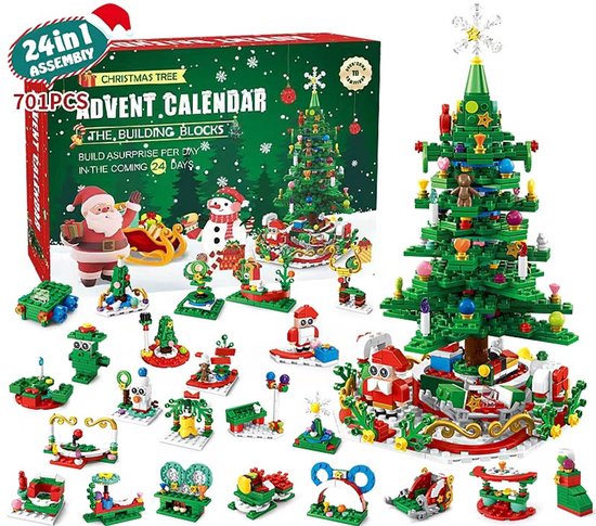 kalender 2025 - bouwstenen speelgoed - Kerstmis - kerstboom - Bouwspeelgoed - Kerstcadeaus - Niet geschikt voor LEGO - Kinder Bouwset met Licht - geschikt voor Kerstcadeaus voor jongens en meisjes van Merkloos