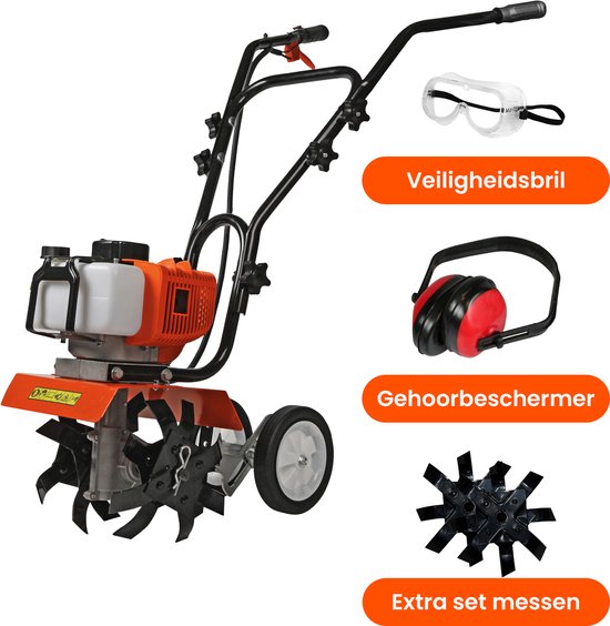 Kibani Mini Grondfrees Benzine - Inclusief Extra set Messen en Accessoires - 52cc - 30CM breedte - 2.0PK - Tuinfrees - Tuinfrees Benzine - Bodemfrees - Tuinploeg - Grondfreesmachine van Kibani