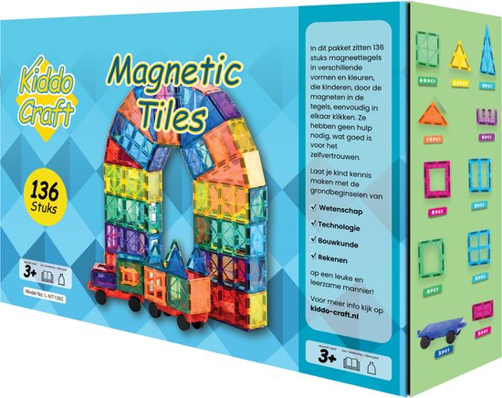 Kiddo Craft Magnetic Tiles 136 Stuks - Magnetisch Montessori Speelgoed - 3 tot 12 Jaar - Magnetische Tegels - Bouwstenen - Educatief van Kiddo Craft
