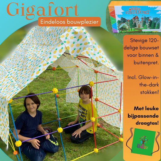 KidZzz® Gigafort Speelgoed Bouwpakket Bouwset Hut - Fort bouwen - Montessori - Kinderspeelgoed - Hut Bouwen - 120 onderdelen - Glow in the Dark - Met Opbergtas van KidZzz