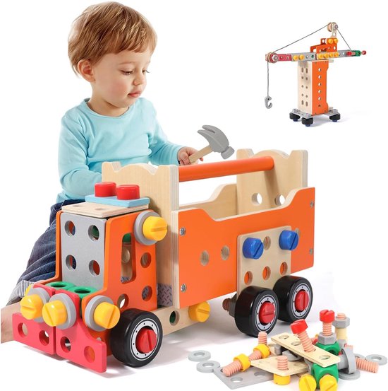 Kinder houten gereedschapskist 127-delig – Montessori speelgoed bouwset met werkbank accessoires – Educatief constructiespeelgoed voor jongens en meisjes vanaf 3 jaar van Merkloos