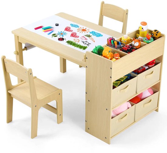 Kinder Kunsttafel En Stoelenset – Hout – Natuurlijk – Tafel 103x62x64cm – Met 2 Stoelen – Opbergplanken & Canvas Bakken – Inclusief Papierrol – Ergonomisch & Multifunctioneel – Voor Kinderen 3-8 Jaar van Crimleon.