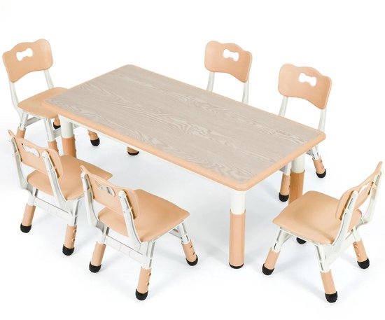 Kinder Tafel Met 6 Stoelen – Kindertafel Set – Speeltafel – Knutseltafel – Kindermeubel – Verstelbare Hoogte – Duurzaam Kunststof En Houtlook - Geel van Merkloos