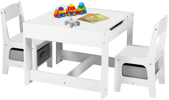 Kinder Tafel- Opbergdozen-Dubbelzijdige Tafel-Afneembare Tray-3-delig (1 Tafel + 2 Stoelen)-Wit van Dolu