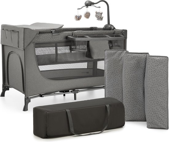 Kinderkraft JOY 2 ACC - Reisbed 2-in-1 - Voor baby's tot 25 kg - Snel en eenvoudig inklapbaar - Handige accessoires: kinderbedcarrousel met speelgoed, luierplateaus en aankleedonderlegger, draagtas - Grijs van Kinderkraft