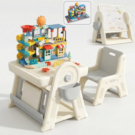 Kindertafel Met 1 Stoel + 2 Bakjes + 209 Grote Bouwstenen- 2-in-1 Bouwtafel & Leertafel - Speeltafel Geschikt voor Lego® & Duplo® blokken - Blokken Tafel Kinderen - Legotafel- zandtafel - watertafel - Ideaal Cadeau voor Verjaardagen, Wit van Merkloos