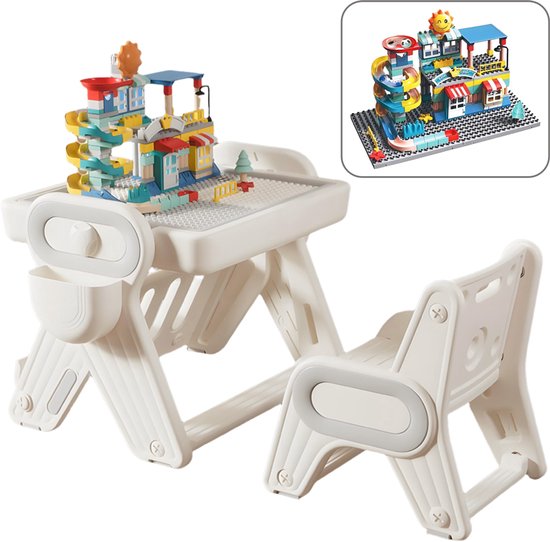 Kindertafel Met 1 Stoel + 2 Bakjes + 209 Grote Bouwstenen- 2-in-1 Bouwtafel & Leertafel - Speeltafel Geschikt voor Lego® & Duplo® blokken - Blokken Tafel Kinderen - zandtafel - watertafel - Ideaal Cadeau voor Kerst & Verjaardagen, Wit van Merkloos