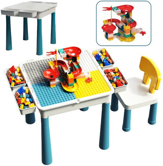Kindertafel Met 1 Stoel + 4 Bakjes + 410 Bouwstenen - 2-in-1 Bouwtafel & Leertafel - Speeltafel Geschikt voor Lego® & Duplo® blokken - Blokken Tafel Kinderen - zandtafel - watertafel - Ideaal Cadeau voor Kerst & Verjaardagen Groen van Funbee