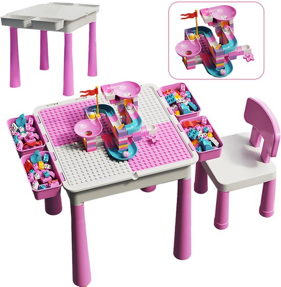 Kindertafel Met 1 Stoel + 4 Bakjes + 410 Bouwstenen - 2-in-1 Bouwtafel & Leertafel - Speeltafel Geschikt voor Lego® & Duplo® blokken - Blokken Tafel Kinderen - zandtafel - watertafel - Ideaal Cadeau voor Kerst & Verjaardagen ‌Roze van Speelwigwam