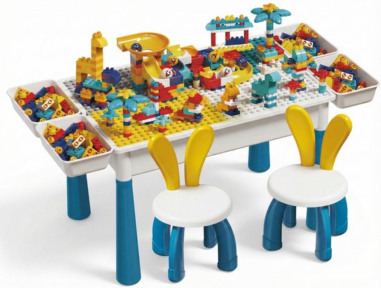 Kindertafel Met 2 Stoel + 4 Bakjes + 156 DIY-Blokken + 148 Schuifblokken - 2-in-1 Bouwtafel & Leertafel - Speeltafel Geschikt voor Duplo® blokken - Blokken Tafel Kinderen - zandtafel - watertafel - Ideaal Cadeau voor Kerst & Verjaardagen - Groen van Merkloos