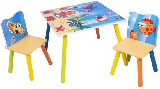 Kindertafel met 2 stoeltjes - stevig houten kindermeubel - speels zeedierenmotief - ideaal voor peuters & kleuters - kleurrijk design van Symbiosis