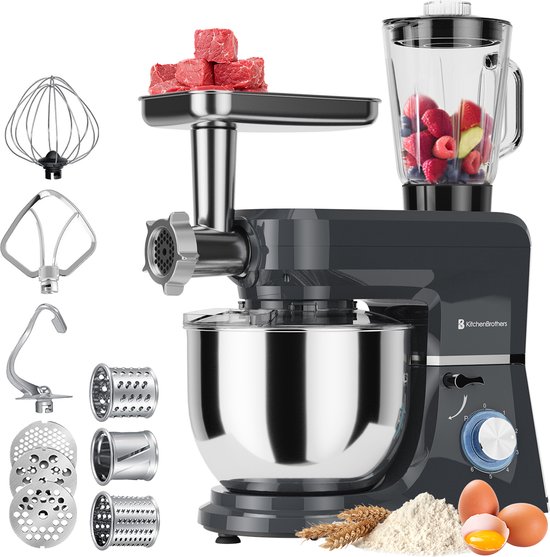 KitchenBrothers Keukenmachine - Complete Set - 15 Accessoires - Keukenrobot - 6,2L - Keukenmixer - 1500W - Antraciet van KitchenBrothers