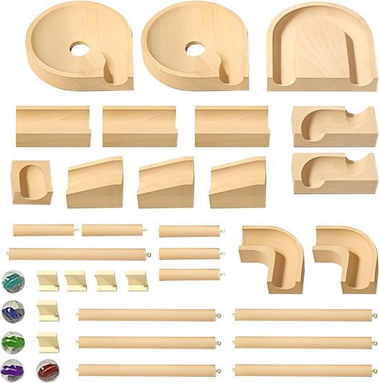 Knikker Racebaan - Knikkerbaan Spel - Educatief Spelen - Modulair Systeem - 30 x 30 x 10 cm - Houtkleur van Merkloos
