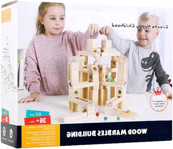 Knikkerbaan Houten Set - Knikkerspeelgoed Racebaan - Educatief Spel - 60 Delen Kralen - 25.6 x 24.4 x 10.4 cm van Merkloos