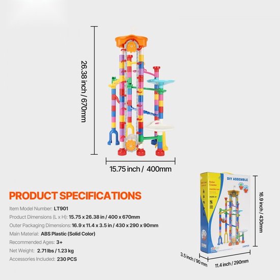 Knikkerbaan - Knikkerdoolhof Bouwset - 230-Delig - Gemotoriseerde Lift - 15 Knikkers - Racebaan - Educatief STEM Speelgoed - Vanaf 3 Jaar van Merkloos