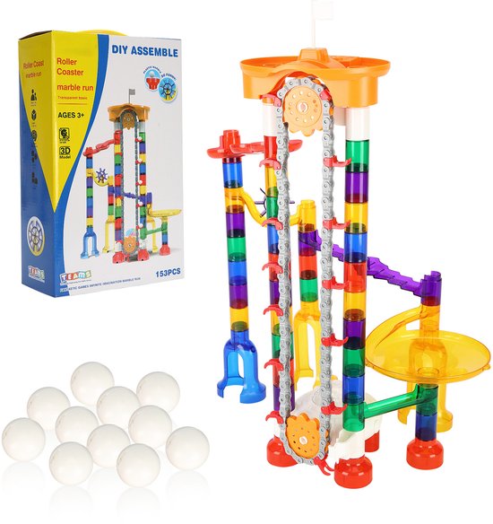 Knikkerbaan Set, 153-Delig met Gemotoriseerde lift, 30 Plastic Knikkers, Knikker Doolhof Bouwblok Hersenspel, Educatief STEM Racebaan Speelgoed voor Kinderen, Jongens en Meisjes vanaf 3 jaar van Playtastic