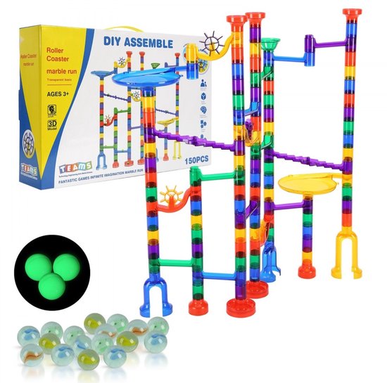 Knikkerbaan Set - Bouwpakket 150-delig - 10 Glow-in-the-Dark + 40 Glazen Knikkers - Educatief STEM Speelgoed - Bouwstenen - Racebaan - Vanaf 3 Jaar van Merkloos