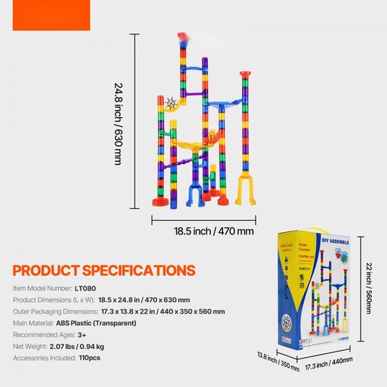 Knikkerbaan Set - Bouwset 110-delig - Bouwstenen Puzzel - Met 10 Lichtgevende en 20 Glazen Knikkers - Educatief STEM Speelgoed - Racebaan - Vanaf 3 Jaar van Merkloos
