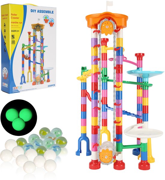 Knikkerrunnenset, 230 Stukjes met Gemotoriseerde Lift, incl. 15 Plastic Knikkers, Knikkerdoolhof Denkspel, Educatieve STEM-Bouwstenen voor Kinderen, Meisjes vanaf 3 jaar, Kleurrijk Ontwerp van Merkloos