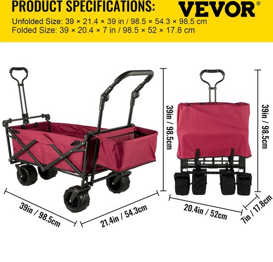 KOSMOS - VEVOR - Bolderkar Opvouwbaar - Transportwagen - Opvouwbaar Vouwwagen - Strandwagen- Tuinwagen - Rood van Kosmos