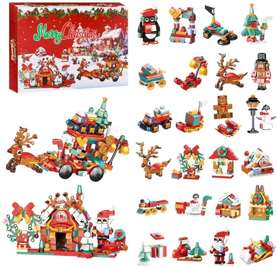 Kraftverdia - Adventskalender 2025 - Kerstversiering - Bouwspeelgoed - Bouwpakketten volwassenen - Bouwpakket kinderen - Bouwsets - Niet geschikt voor LEGO - 2 x 12-in-1 Speelgoedsets - Inclusief Kerstman Kerstboom Sneeuwpop Rendier van Merkloos