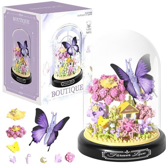 Kraftverdia® - Bloemenboeket in Stolp - Botanical Flowers Collection - Botanical Bloemen - Niet Geschikt voor Lego Mould King - 582 bouwsteencadeaus - Geschikt voor volwassenen en kinderen - Paarse vlinder- en plantenbloemen van Merkloos