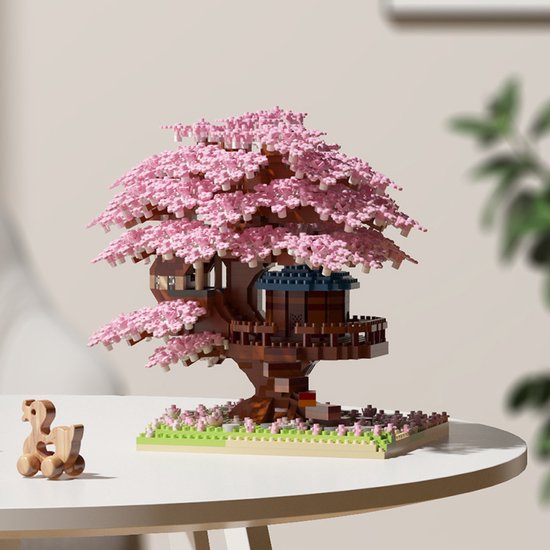 Kraftverdia - Bouwspeelgoed - Bouwpakketten volwassenen - Bouwpakket kinderen - Boomhut Serie Collection - Botanical Bloemen - Bouwsets - Niet geschikt voor LEGO - 2151 bouwsteencadeaus - Roze boomhut van Kraftverdia
