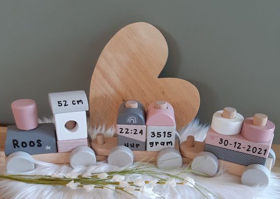 Label Label Roze Houten Speelgoed Trein met naam van Label Label