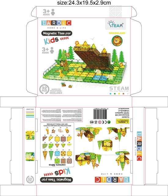 Lardic - Magnetisch Speelgoed Savanne Set - Magnetic Tiles - Bouwspeelgoed - Bouwblokken - Magneten Speelgoed - Magnetische Tegels - Magna - Bouwstenen - Montessori Speelgoed - Educatief Constructie Speelgoed van Merkloos